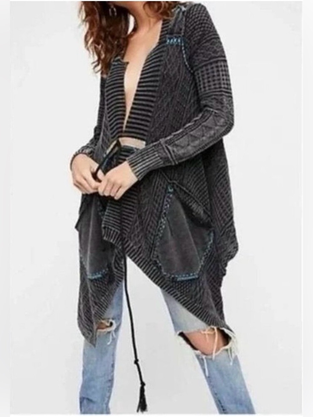 Free People Mixed Knit Waterfall Cardigan
Open Sweater, Tie Waist, Blue Gray, XS